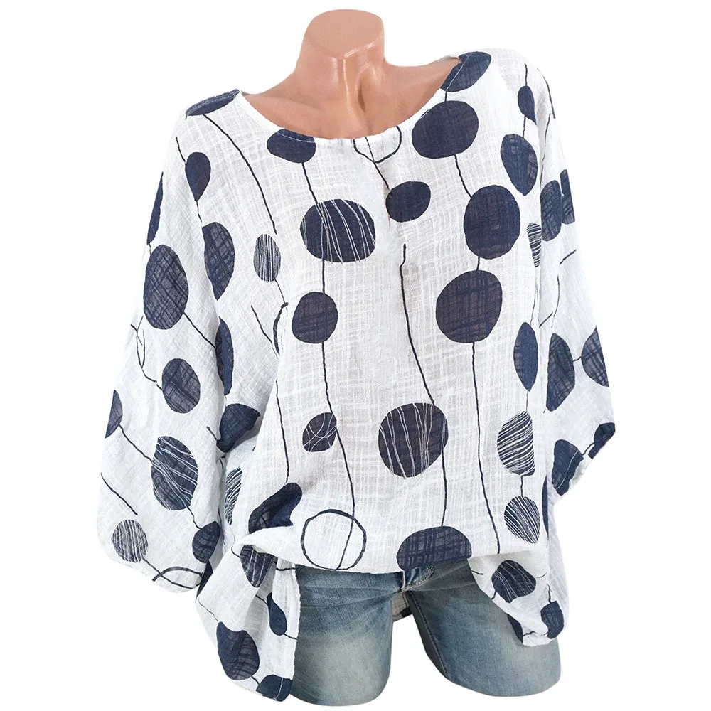 

5XL Plus Large Size Women's Blouses Summer Tops Plus Size Long Sleeves O-Neck Polka Dot Blouse Pullover Women Tops and Blouse#5$