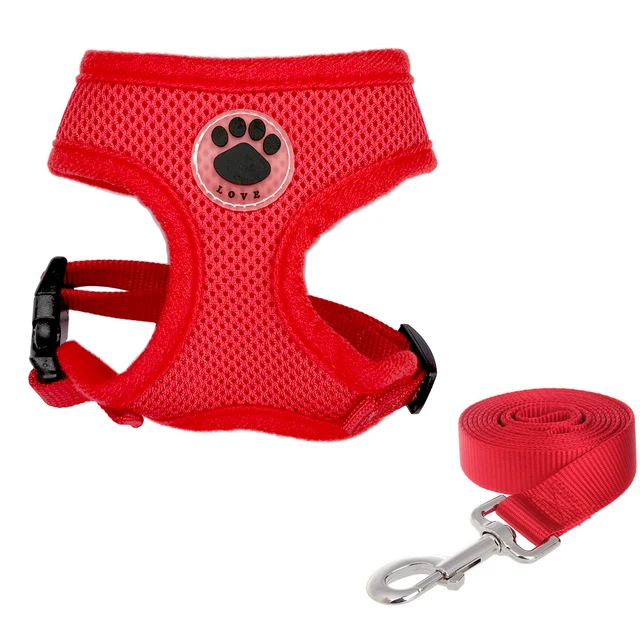 “LOVE” Paw Rubber Adjustable Soft Breathable Dog Harness Cat Control Nylon Mesh Vest harness for Pet Chest Strap Leash Set
