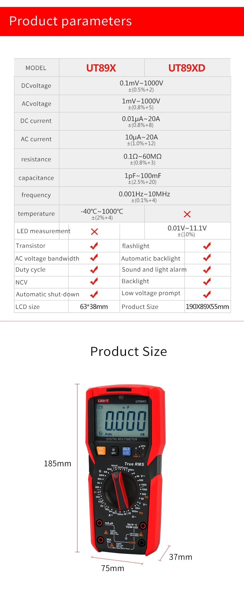 UNI-T UT89XD True RMS цифровой мультиметр тестер AC DC Вольтметр Амперметр 1000 В 20A Емкость Сопротивление частоты светодиодный измеритель