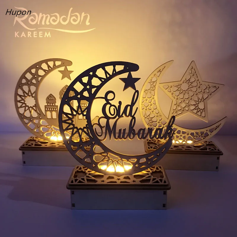 Ramadan Eid Mubarak Decorations for Home Moon LED Candles Light Wooden Plaque Hanging Pendant Islam Muslim Event Party Supplies