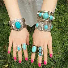 Богемский панк Цыганский тибетский винтажный металлический эластичный широкий браслет браслеты с синим камнем из бисера массивный браслет ручной работы для женщин и мужчин