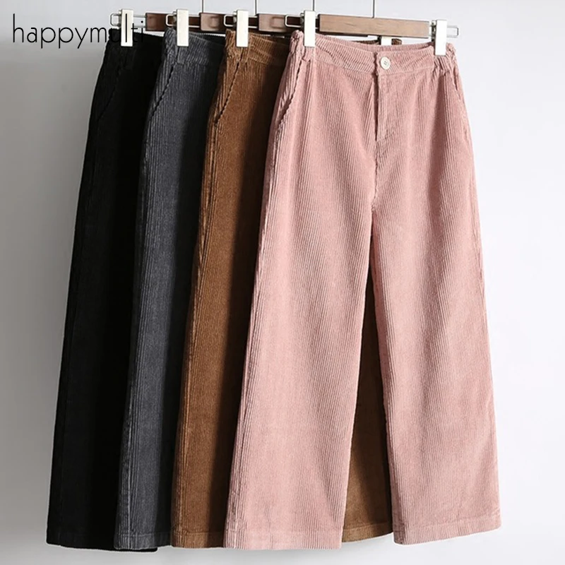 

Women's Pants Happymulti Casual Loose Corduroy Elastic High Waist Solid Color Wide Leg Ankle-Length Pants Autumn Winter Trousers