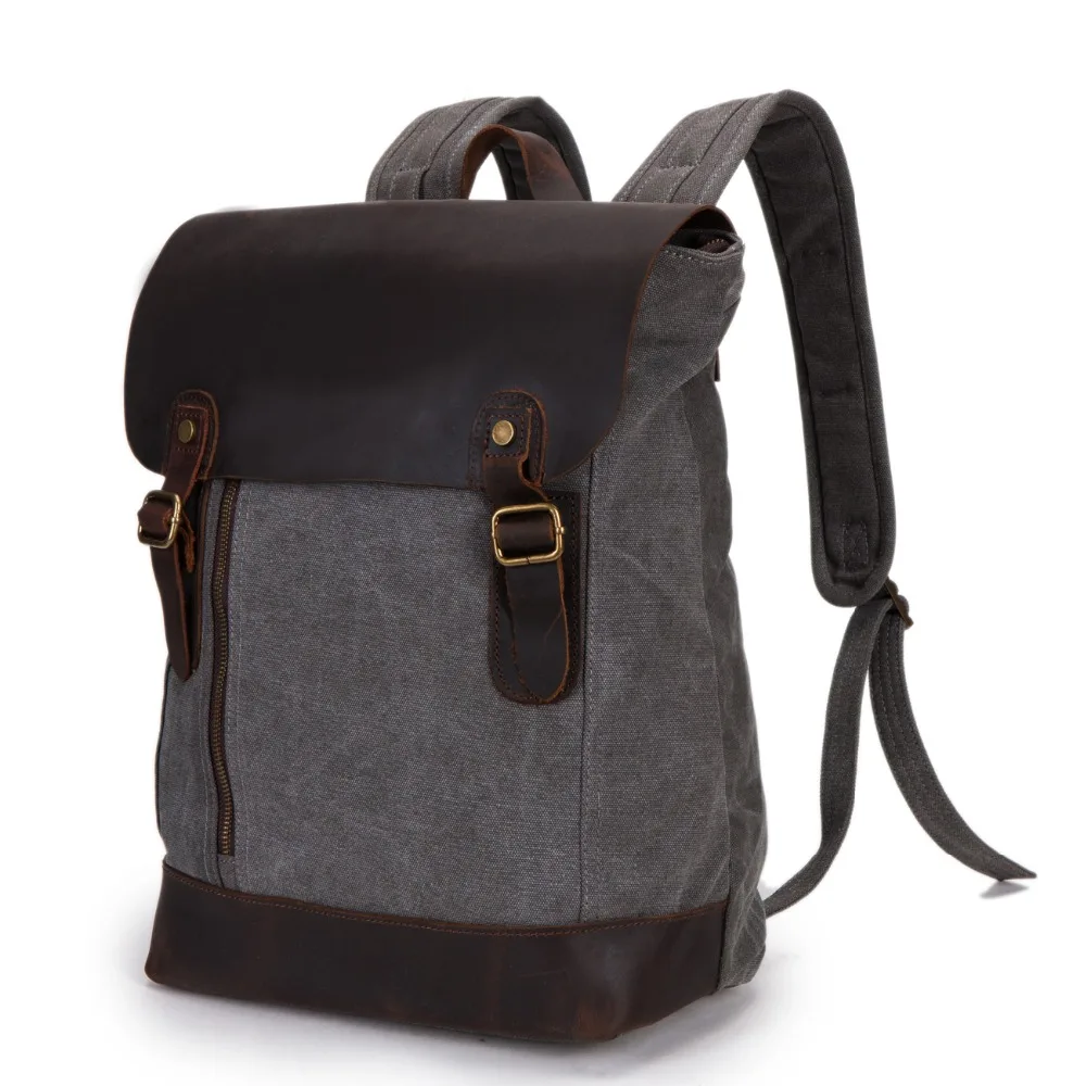 Brand high quality genuine leather backpack men canvas bookbag vintage