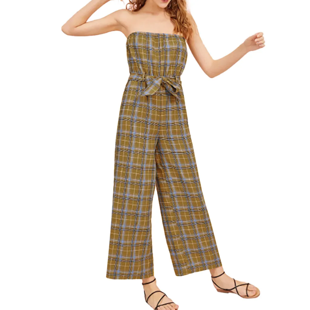 Women Retro Jumpsuits Plaid Summer Overalls Rompers Lady Long Pants Wide Leg Off Shoulder Onesies Elegant Jumpsuit Bow Waistband