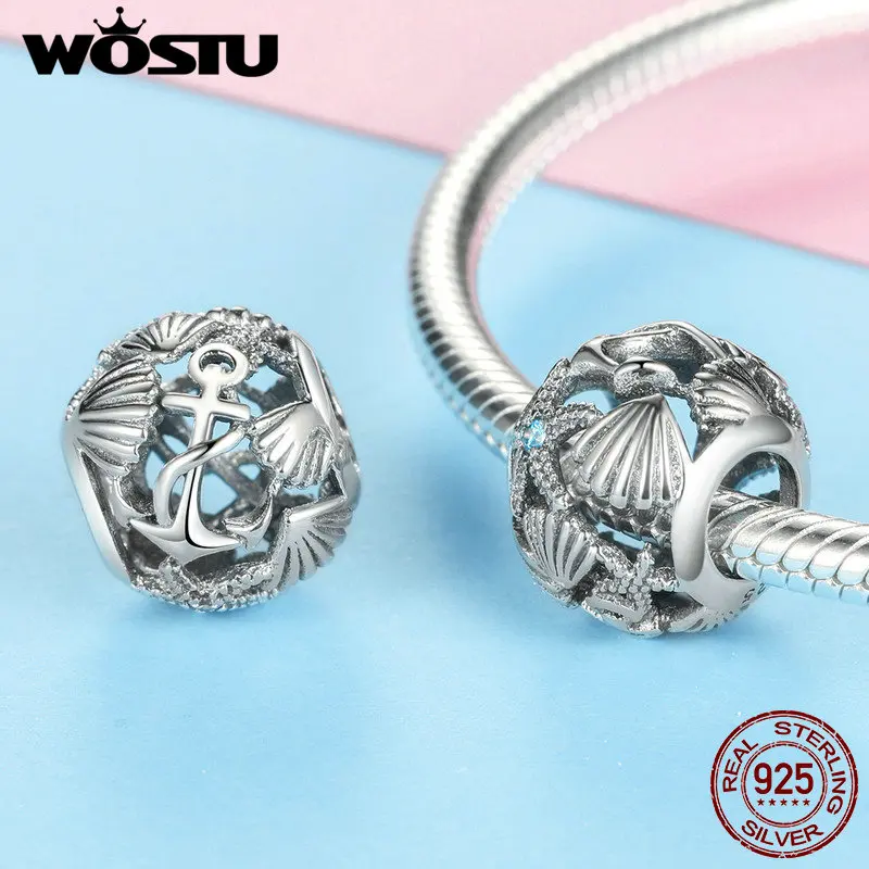 WOSTU модный 925 пробы Серебряный пляжный бисер Подходит для браслета подвеска Классический Нежный ювелирный подарок DXC995
