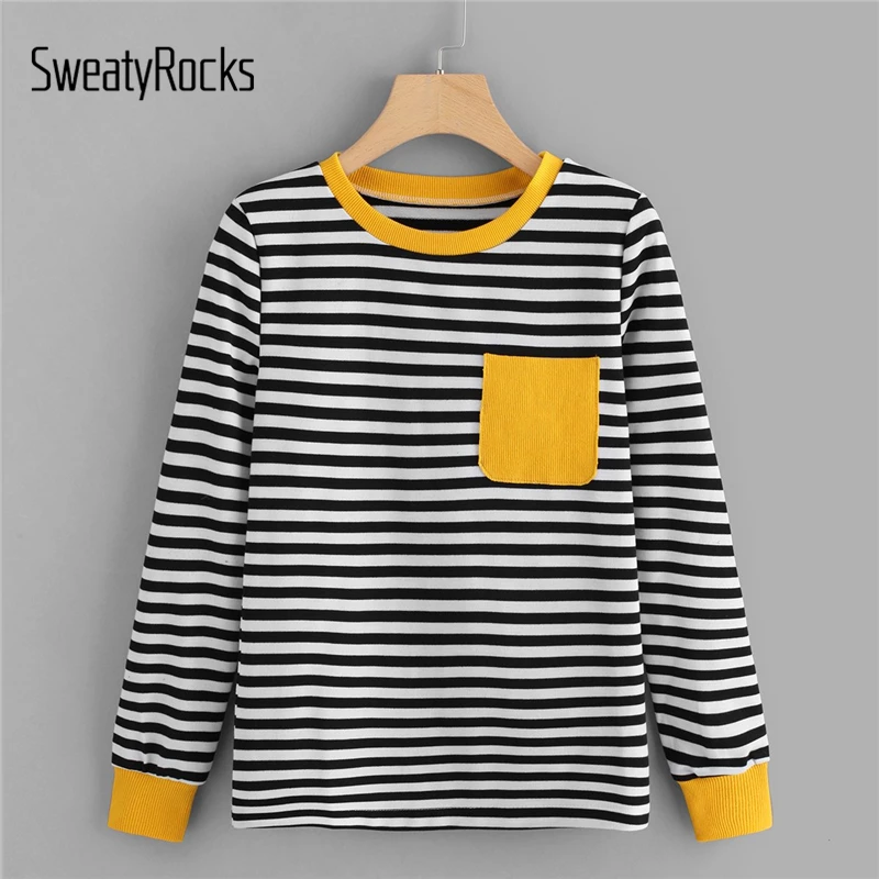 SweatyRocks разноцветная Повседневная футболка с контрастным карманом в полоску, пуловер с длинным рукавом, женские топы, новые модные осенние женские футболки