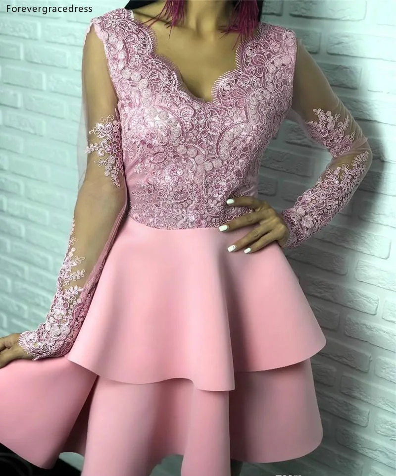 2019 Pink Cocktail Dresses Sheer Appliques Long Sleeves V-neck Ruffles Knee Length Short Homecoming Party Gowns Prom Dress  113 (3)