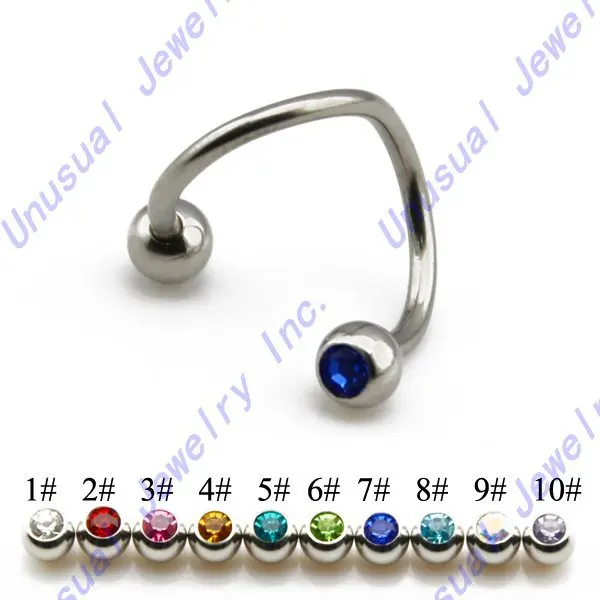10pcs/lot Double CZ Gem Twist Barbell Spiral Piercing,Stainless Steel
