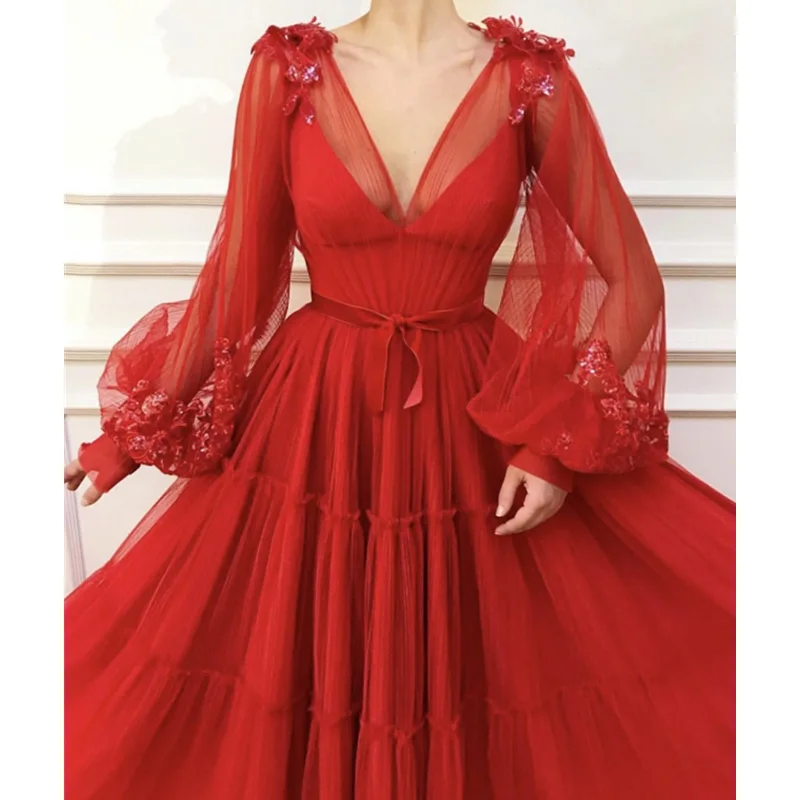 Robe De Soiree сексуальное красное дубайское вечернее платье с v-образным вырезом Иллюзия длинный рукав цветы Тюль Формальные Вечерние платья