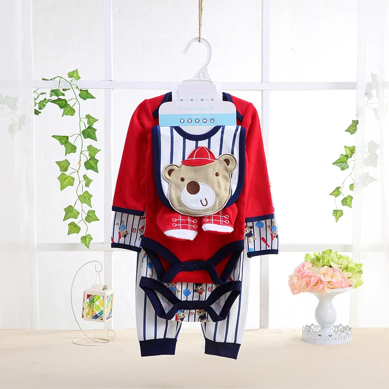 Summer baby romper 5pcs suit baby boy cotton short sleeve set baby girl PP pants saliva towel children clothes toddler leotard