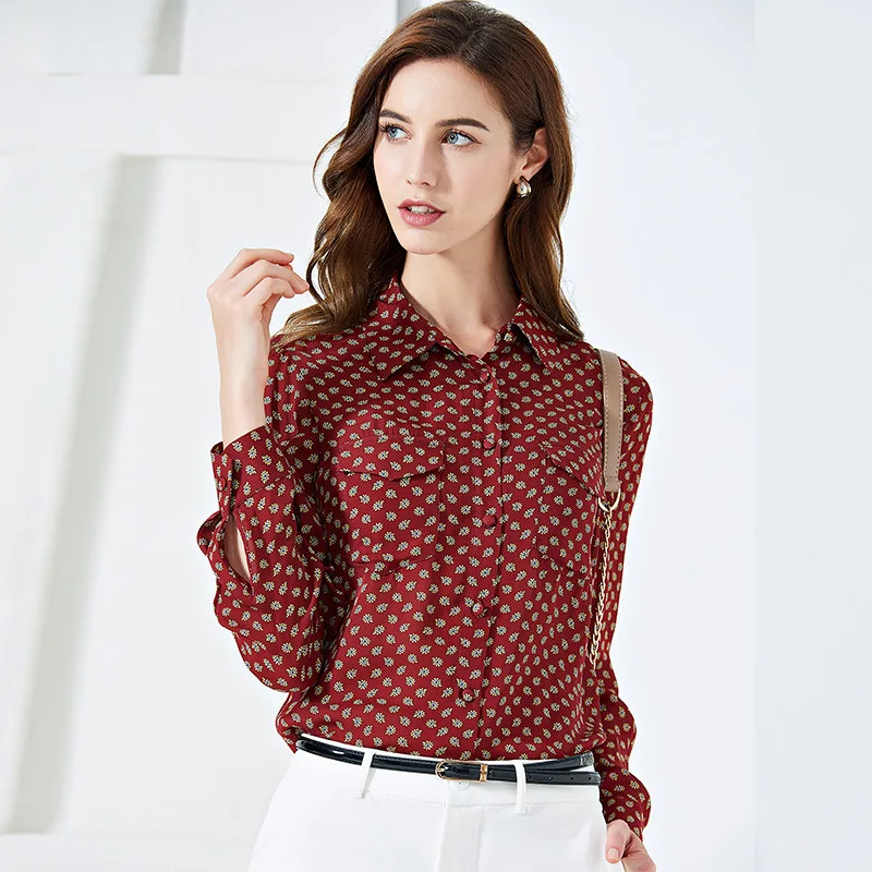

2019 Spring New Real Silk Women Long Sleeve Shirts Ladies Two Pockets Basic Loose Blouses Spring Autumn Printing Shirts