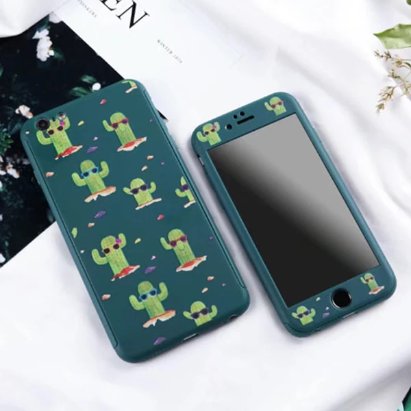 

Cartoon 360 Degree Full Protection Phone Case For iPhone 6 7 6s Plus 7Plus Plant Cactus Hard Plastic Cover Cases With Glass Capa
