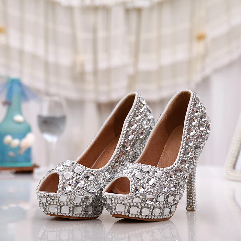 12cm Élégant Cristal Argent Bal Strass Talons De Partie Chaussures Peep Femmes Couleur Heels Silver Toe 5 Mariage Pouces Handmake Haute Mariée 1Hwrq1B