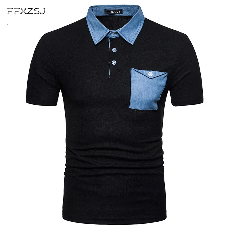 

New 2018 Casual polo shirt Fashion Brand Men's Turn-down Collar summer Short Sleeve denim patchwork POLO Shirt dress men EU size