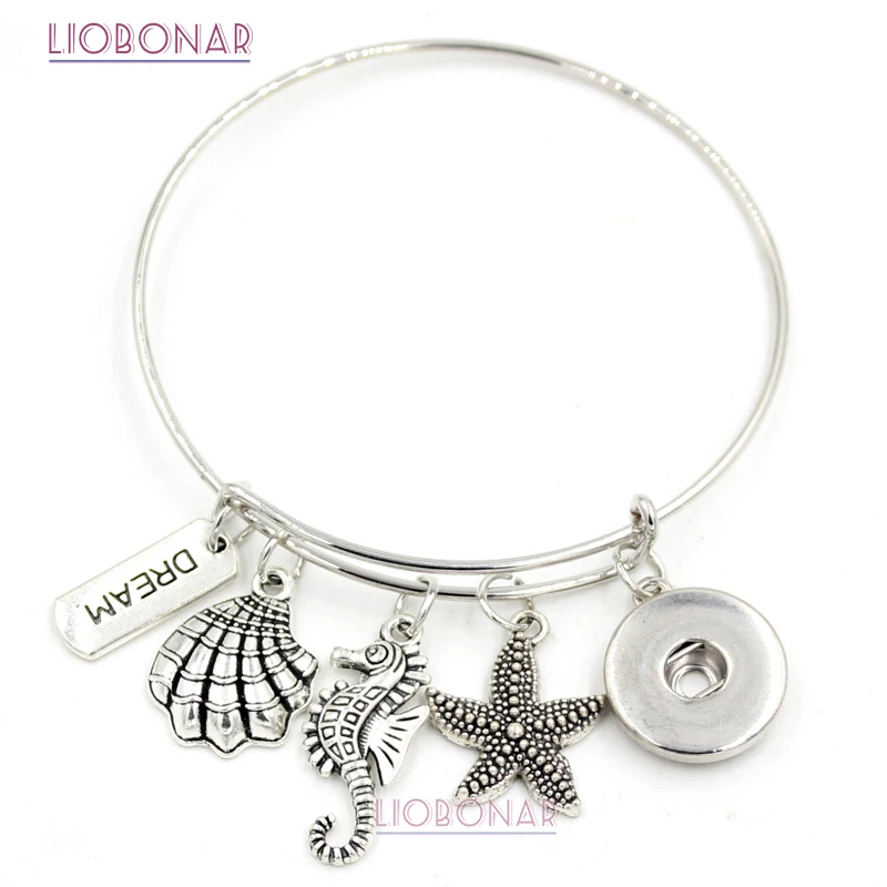 Silver charm Expandable Bangle Bracelet Star Fish & Sea shells/Ocean *11*charms 