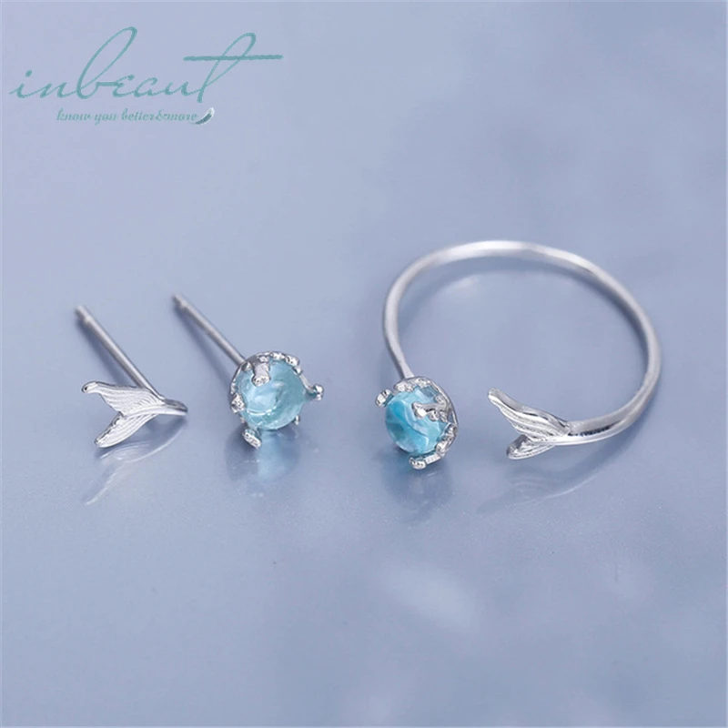 

inbeaut Silver Mermaid Tail Ring Ocean Blue Round Zircon Fishtail Stud Earrings 925 Fairy Fish Jewelry Sets for Women Party