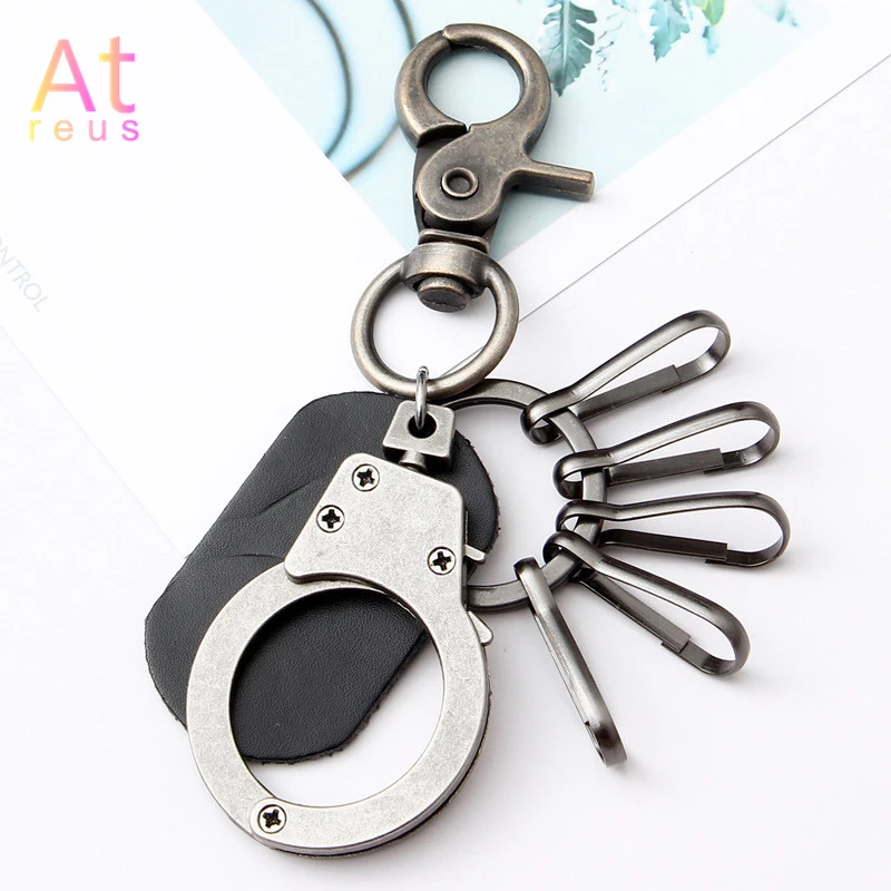 

Antique Silver Color Creative police man Handcuffs Keychain Charms Pendant Car Key Keyring Handbag Key Chain with Hooks Leather