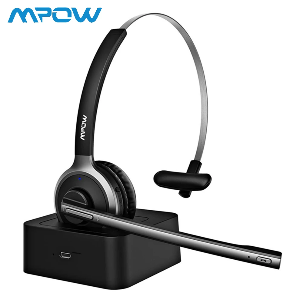 

Mpow Office V4.1 Bluetooth Headset with Charging Stand Dock Wireless Over Head Earpiece with Noise Reduction Mic Headphones New