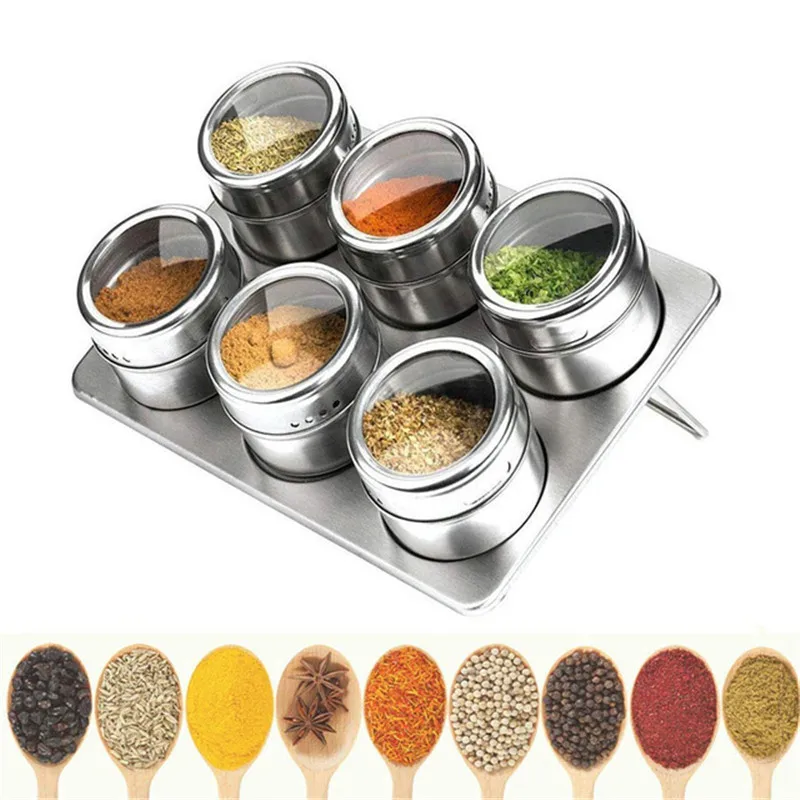 

6pcs/set Stainless Steel Spice Jars Set Magnetic Salt Pepper Shaker Spice Tins Storage Container Seasoning Jar Rack Kitchen Tool