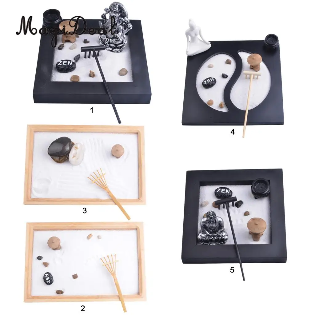 MagiDeal Japanese Zen Garden Sand Tray Buddha Stones Fengshui Meditation Landscape Ornament Home Club Pub Bar