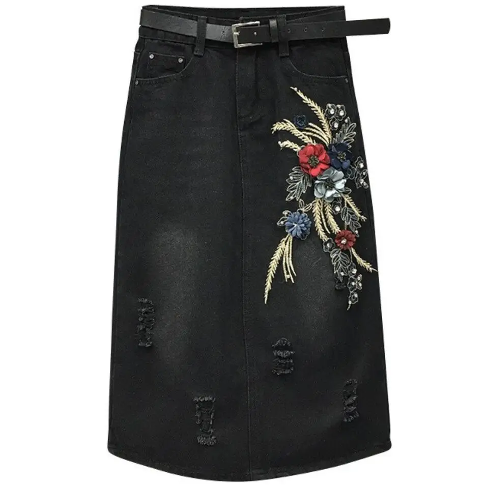 2018 осень-весна модные женские туфли Проблемные отверстий вышитые джинсовые юбки Повседневное Бисер цветок джинсы Юбки