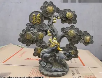 

15"China Folk bronze Dragon Kylin money Tree wealth Lucky feng shui Blessing ST