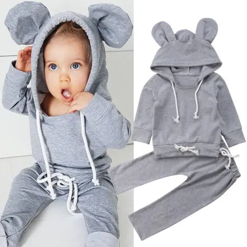 Casual Newborn Baby Boys Girls Outfits Grey Cotton Hoodies Tops+ Pants 2PC Set Warm Baby Autumn Clothes