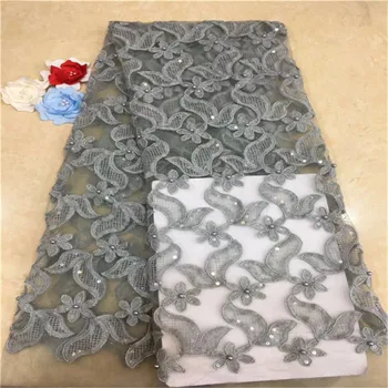 

2019 Newest African Tulle Lace Fabrics With Beads Embroidery Net Lace African French Lace High Quality With Gray