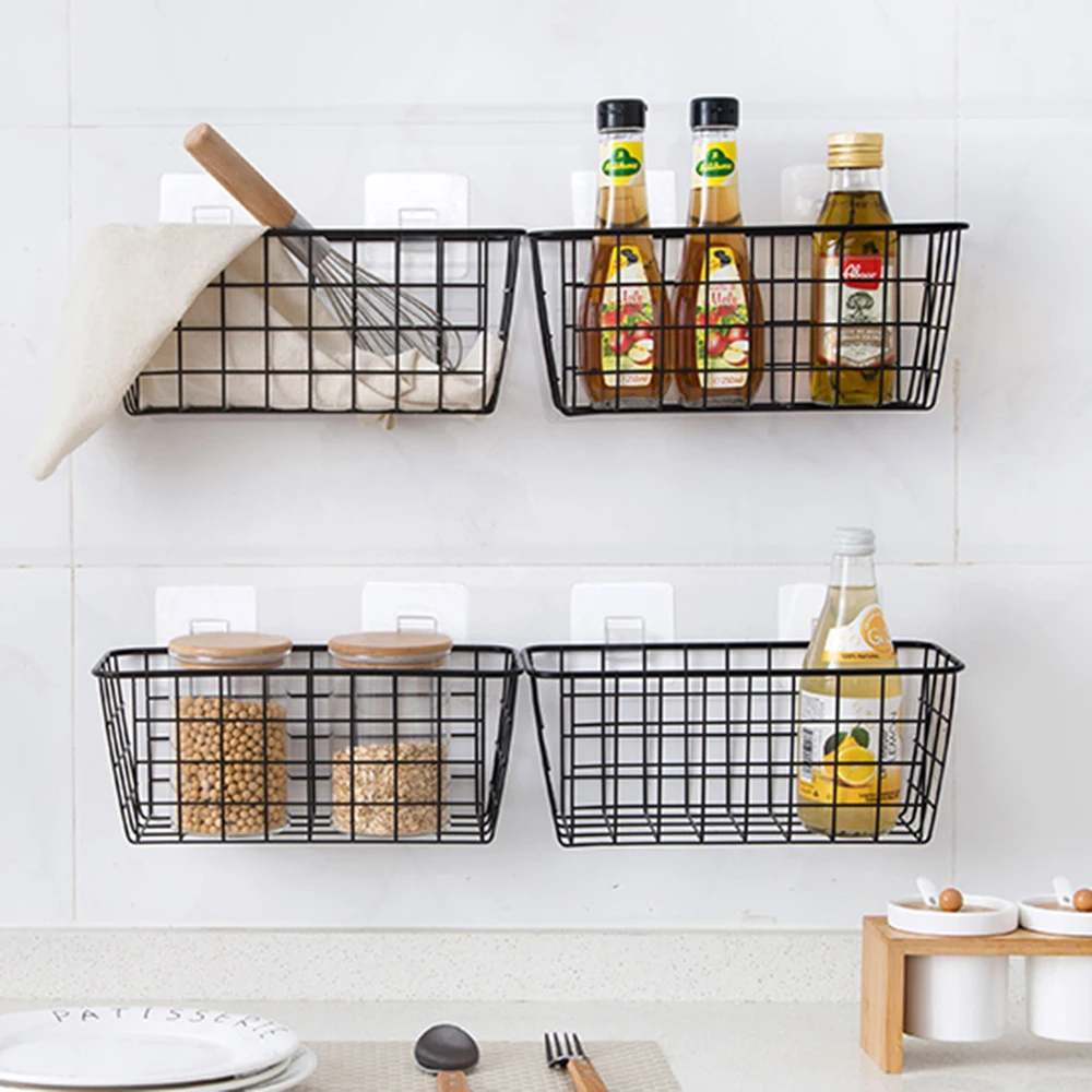 

Wrought Iron Storage Rack Kitchen Seasoning Storage Basket Bathroom Rectangular Storage Box Wall Hanging Kitchen Spice Rack