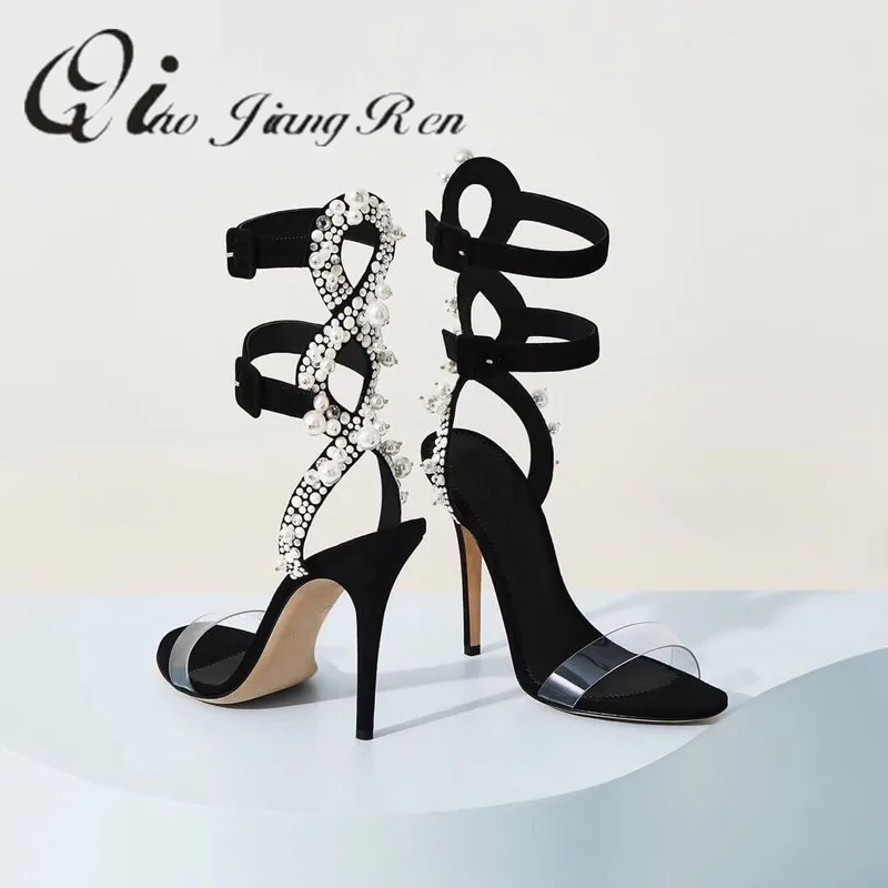 

summer new transparent word buckle with black open-toed pearl sexy catwalk high-heeled Roman sandals female fine high-heeled