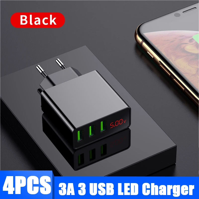 4PCS Black Charger 4 шт. 3 usb порта светодиодный дисплей USB зарядное устройство 3A быстрое зарядное устройство для iPhone samsung Xiaomi EU дорожное настенное зарядное устройство для телефона адаптер - Тип штекера: 4PCS Black Charger
