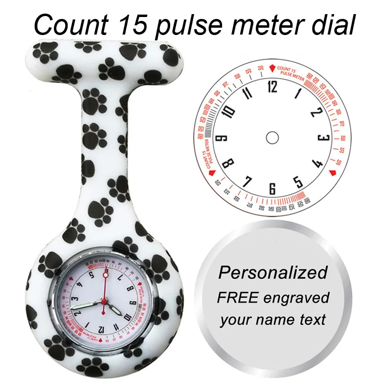 

Personalized FREE Engraved With Your Name Brooch Pin Count 15 Pulse Meter Dial Fob Patterned Dog Paw Silicone Nurse Watch