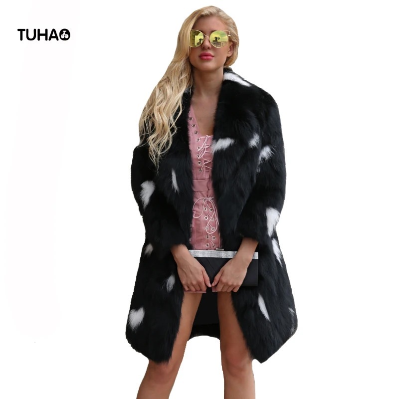 TUHAO/плотное осенне-зимнее пальто из искусственного меха; женские топы; Цвет черный, белый; длинные пальто в стиле пэчворк; повседневная верхняя одежда; Femme TT0698