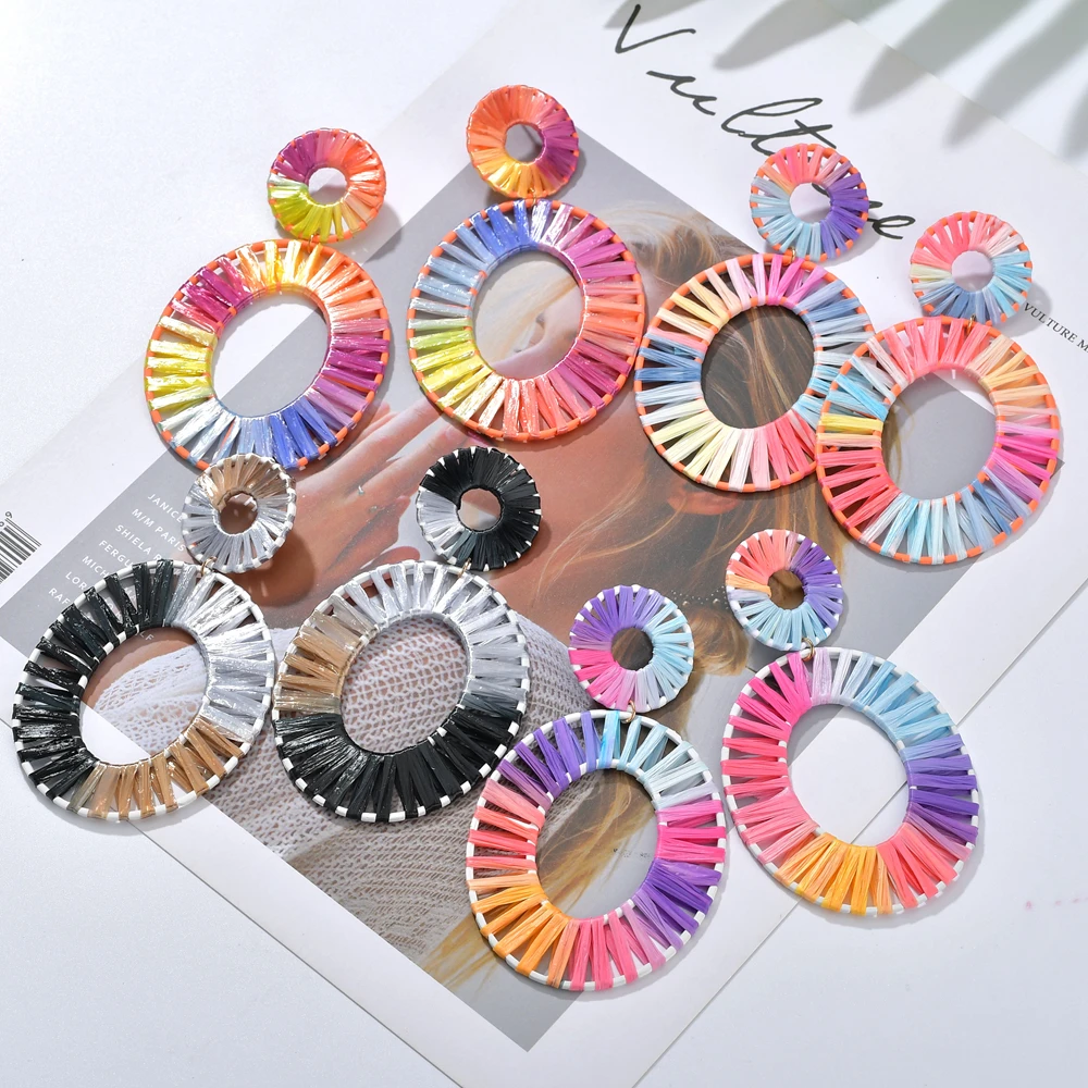 

GEREIT 2019 Newest Fashion Jewelry Bijoux Rainbow Colorful Raffia Earring Big Oval Straw Statement Earrings For Summer Holiday