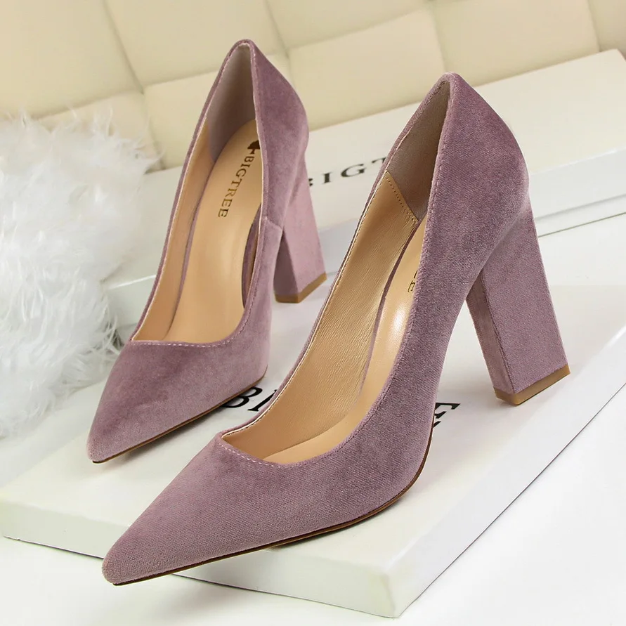 

New Women Pumpe Shoes Flock Pointed Toe Concise Slip-On Shallow 9.5cm Thick High Heels Solid Sexy Party Lady Club Female Shoes