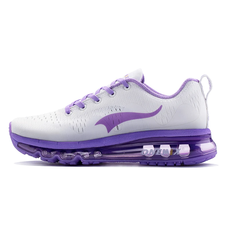 Onemix летние мужские кроссовки женские спортивные кроссовки демпфирования подушка дышащий вязать сетки вамп уличная прогулочная обувь - Цвет: purple white
