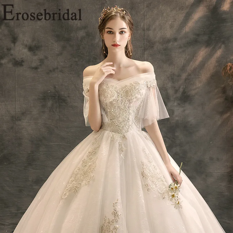 Erosebridal элегантное кружевное свадебное платье 2019 бальное платье Новые Свадебные платья Кружева Buttom дизайн с длинным шлейфом на шнуровке