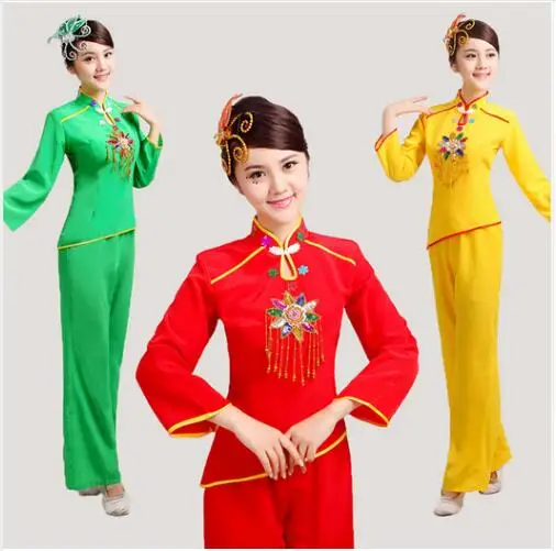 

women sequined yangko dance costumes red\green\yellow long sleeves fan waist drum Middle-aged group national square dance