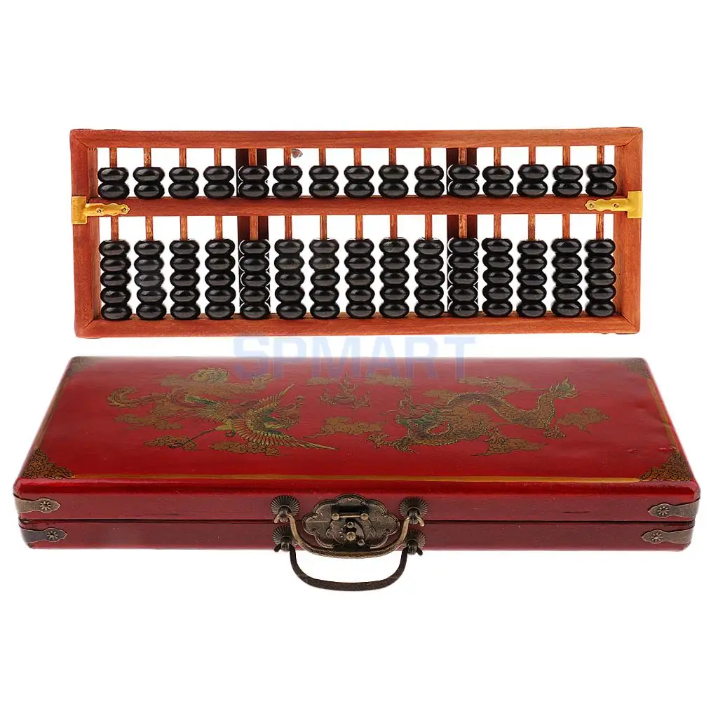 Vintage Chinese Wooden Bead 15 Rods Arithmetic Abacus with Box for Children Adults Gift