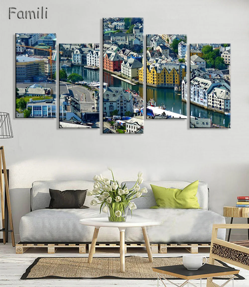 

5pcs Norway mountains houses sky clouds trees bay sea beautiful Living room home art decor wood frame fabric poster