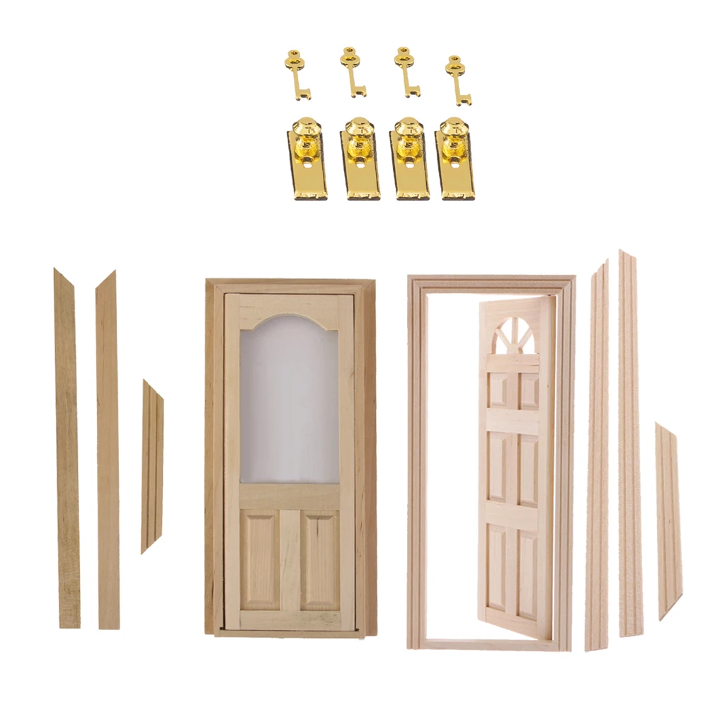 1/12 Doll House Miniatures Wooden Door Set Unpainted & Metal Door Lock With Keys