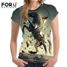 FORUDESIGNS/стильные женские летние футболки с 3D принтом Crazy Horse для девочек-подростков, футболки с круглым вырезом для фитнеса, топ с короткими рукавами, футболка