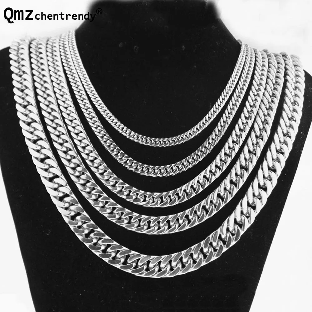 

Qmzchentrendy 6/8/10/12/14/17mm 60cm Length Stainless Steel Curb Cuban Chain Necklace Boys Mens Polishing Silver Link jewelry