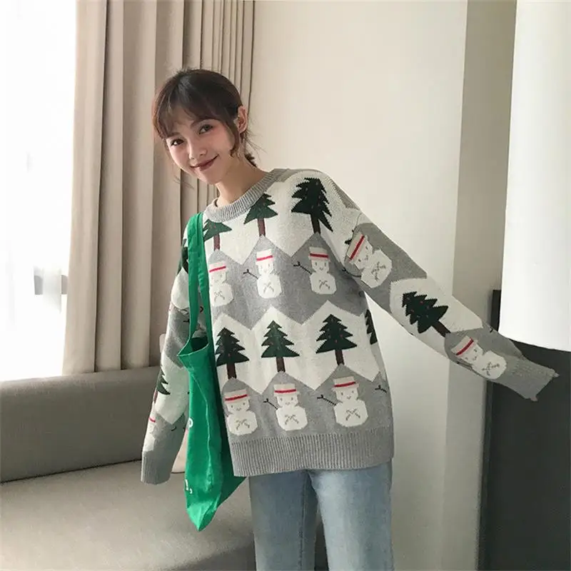 

Women's Sweaters Christmas Snowman Jacquard Loose Pullover Sweater Lady Cute Kawaii Female Harajuku Ulzzang Knitted For Women