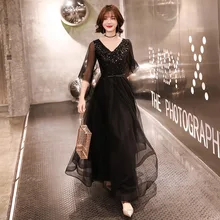 Длинное платье для выпускного вечера, черные блестки, блестящее ТРАПЕЦИЕВИДНОЕ ПЛАТЬЕ С v-образным вырезом, женские вечерние платья, большие размеры, платье для выпускного вечера es Vestidos de gala E436