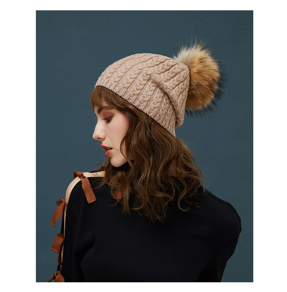 Winter Hats For Women Warm Beanie Real Fur Pompom Wool Hat Female Twist-Type Cap Bright Silk Beanies Women's Hat 5 Colors (8)