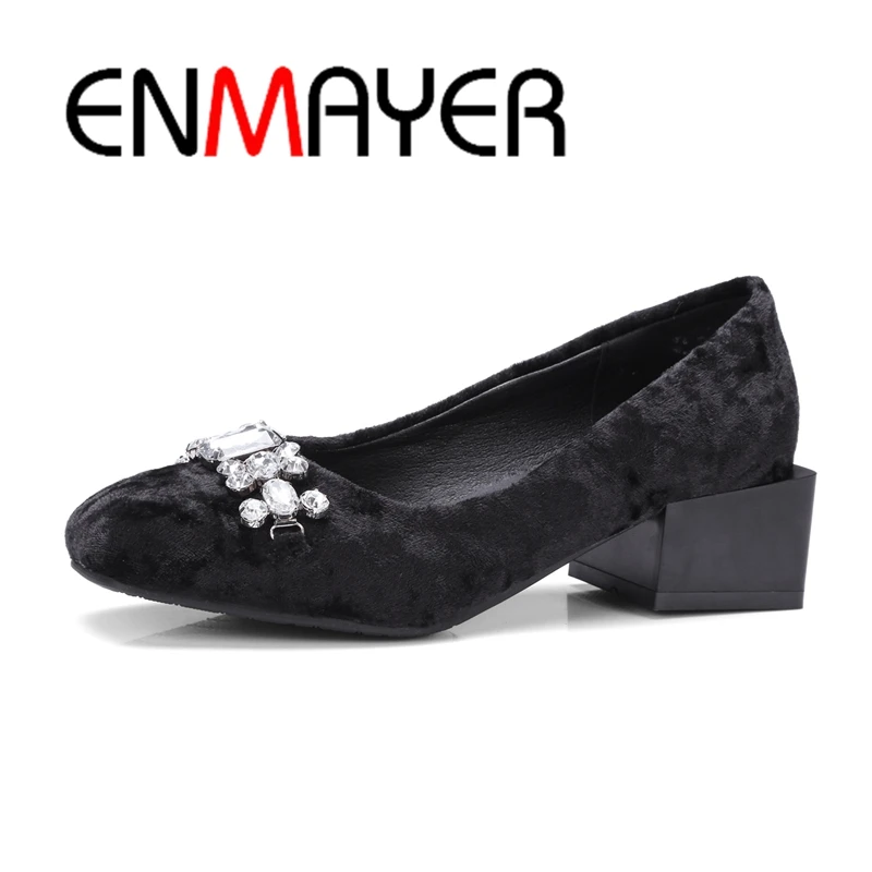

ENMAYER Crystal Med Heels Women Pumps Sqaure Toe Thick heels Shoes Woman Spring Velvet office & career Shallow Party Shoes CR157