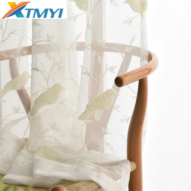 White bird embroidered Tulle Curtains For Balcony sheer curtains for