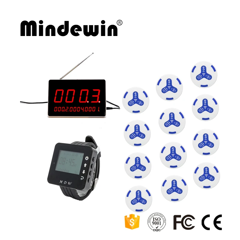 

Mindewin 433MHz Wireless Restaurant Service Calling System With 12 Call Button +1 Watch Receive Pager Equipment+1 Led Display