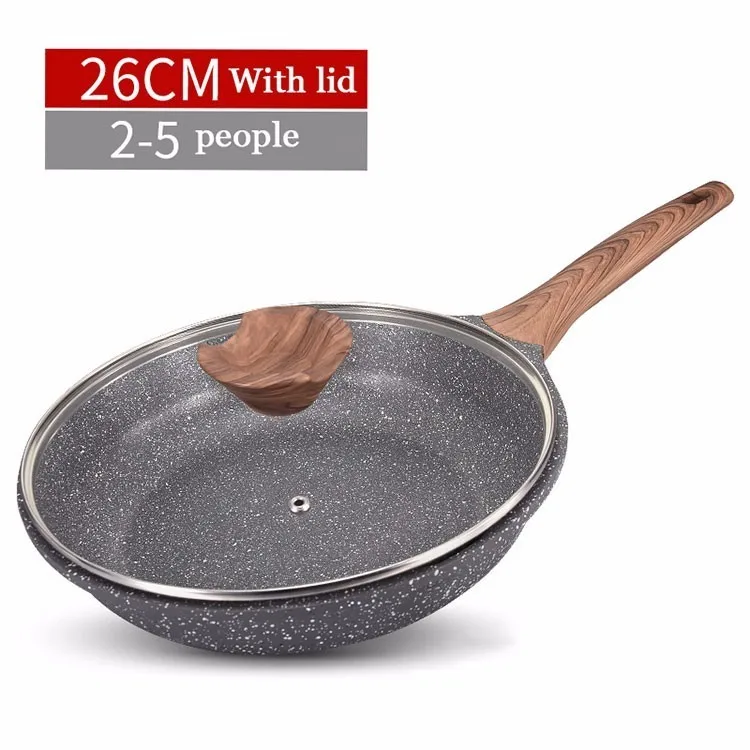 26cm with lid Медицинская каменная антипригарная сковорода с термостойкой деревянной ручкой универсальная Блинная сковорода для стейка кухонные аксессуары 20-28 см - Цвет: 26cm with lid